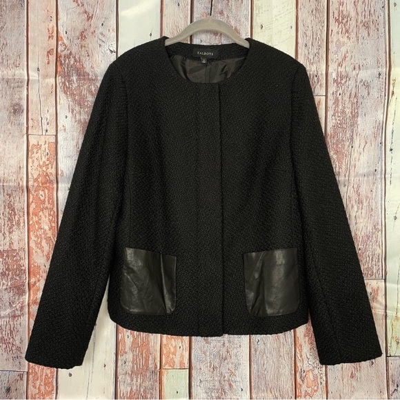 ✨✨Host Pick ✨Talbots Tweed Zip Up Jacket, Faux Leather Pockets, Black Wool Blend - Picture 1 of 11